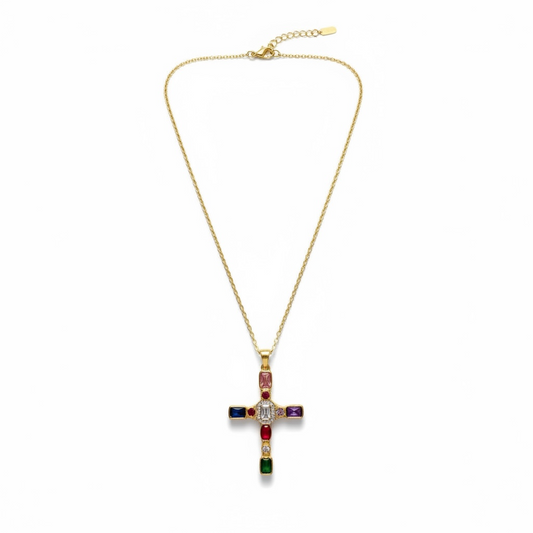 Multicolour Gem Cross Necklace – 18K Gold Plated Stainless Steel