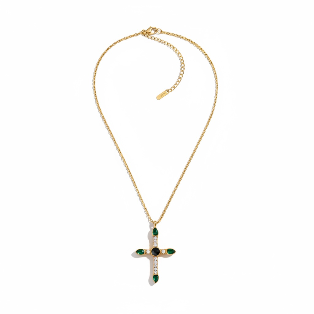 Emerald Teardrop Cross Necklace – 18K Gold Plated Stainless Steel
