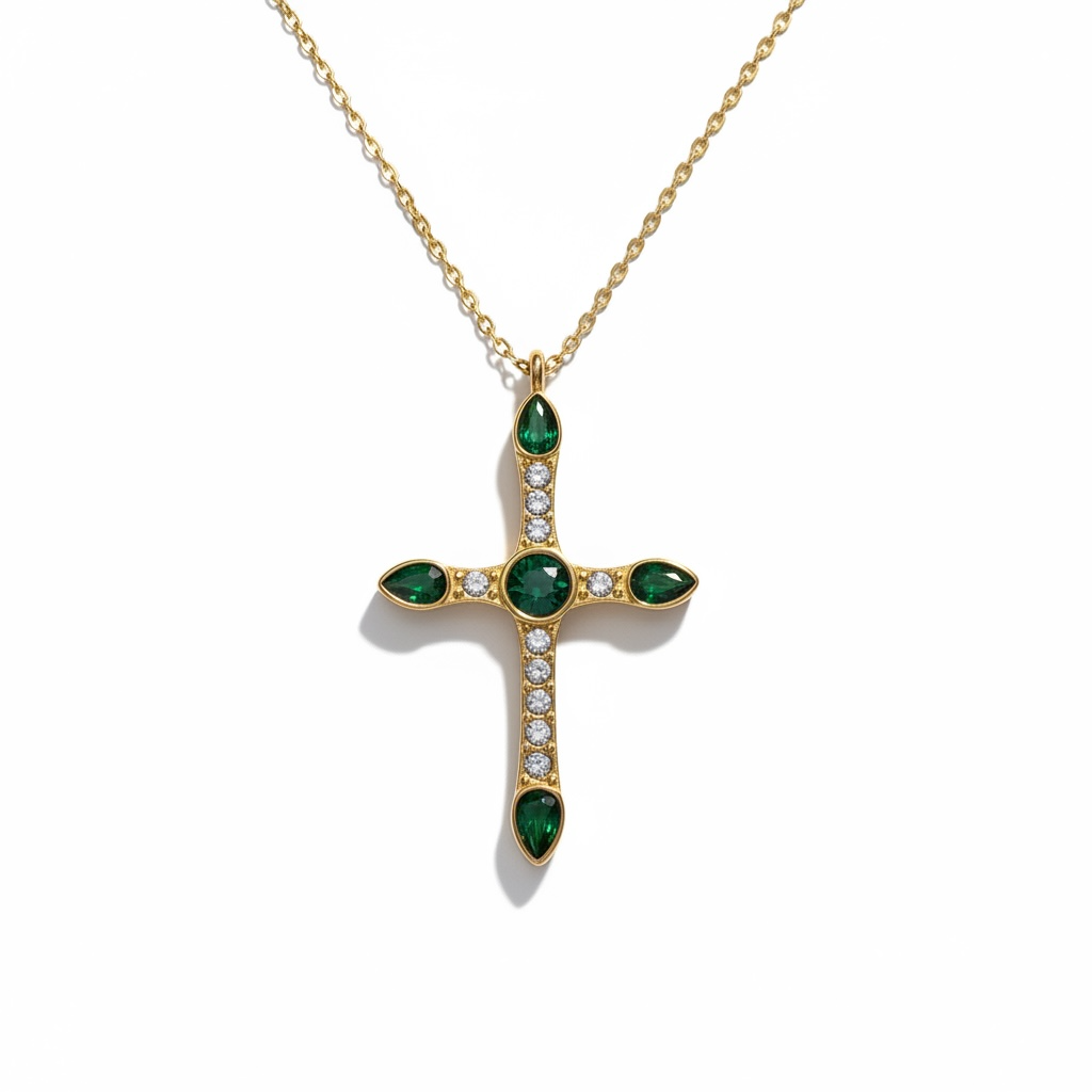 Emerald Teardrop Cross Necklace – 18K Gold Plated Stainless Steel