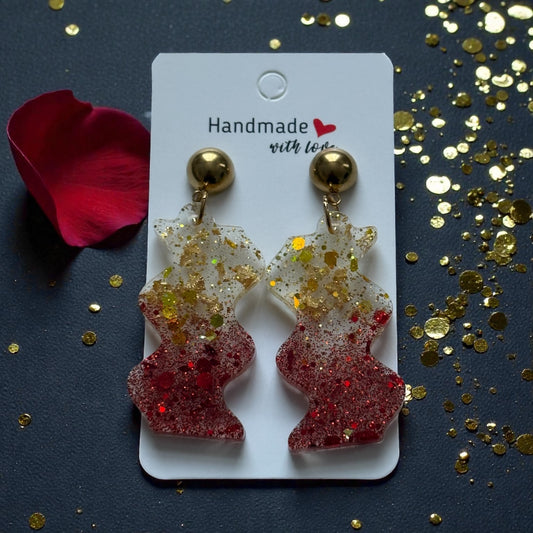 Handmade Christmas Glitter Earrings – Red & Gold Resin Festive Drops