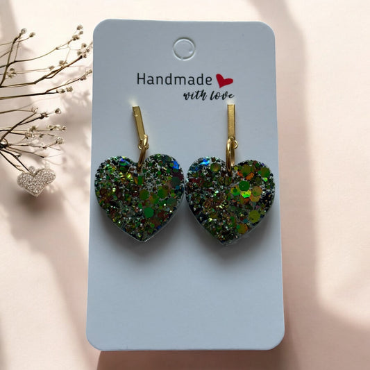 Handmade Glitter Heart Earrings – Resin Sparkle Drops