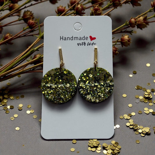 Handmade Round Glitter Earrings – Green & Gold Resin Drops