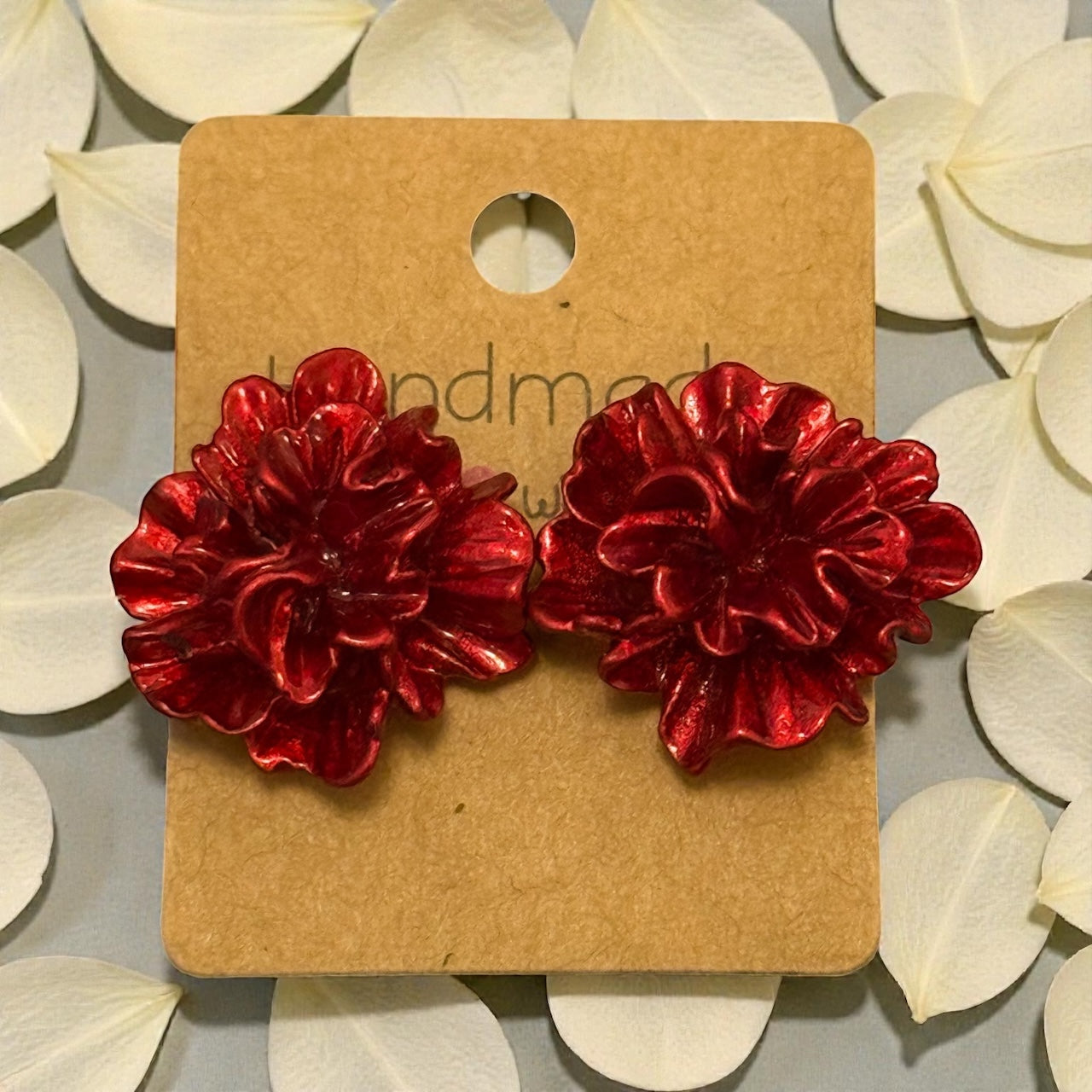 Red Metallic Floral Resin Stud Earrings