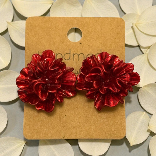 Red Metallic Floral Resin Stud Earrings